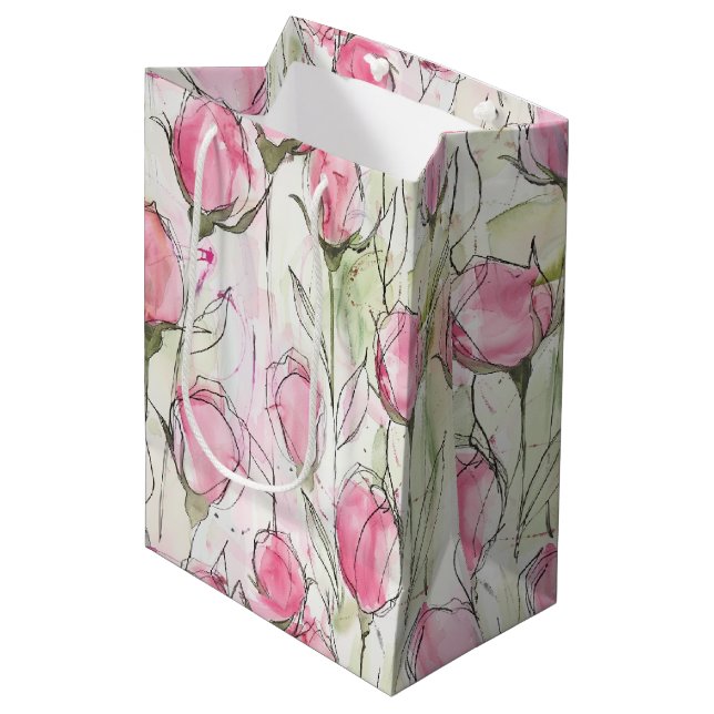 Blush Pink Watercolor Rosebuds Medium Gift Bag (Front Angled)