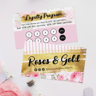 Blush Pink Watercolor Roses & Gold Loyalty Stamp Business Card
