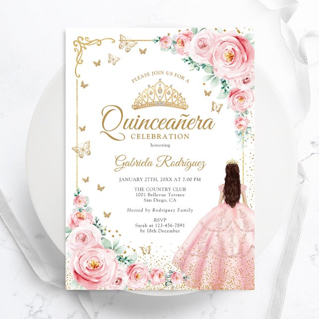 Blush Pink Watercolor Roses Gold Quinceanera Invitation (Creator Uploaded)