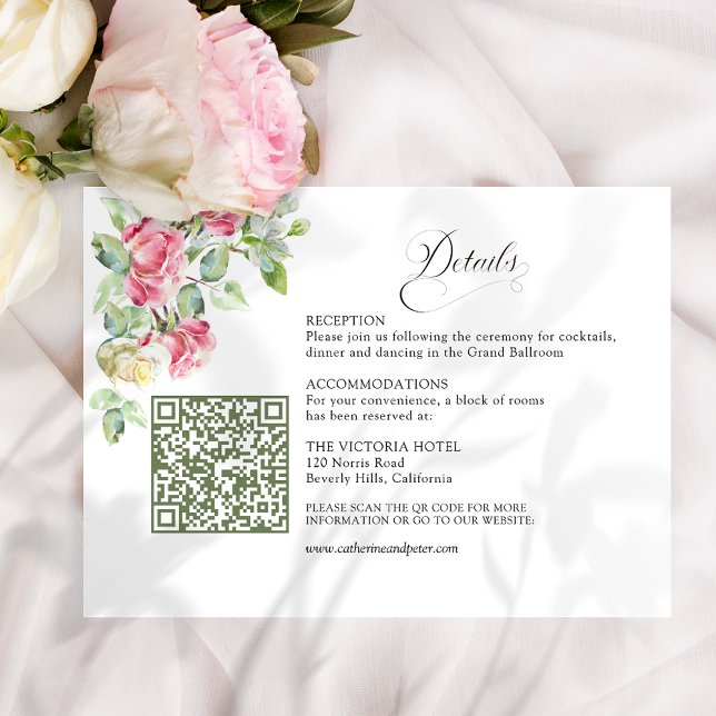 Blush Pink Watercolor Roses QR Code Wedding Enclosure Card (Creator Uploaded)