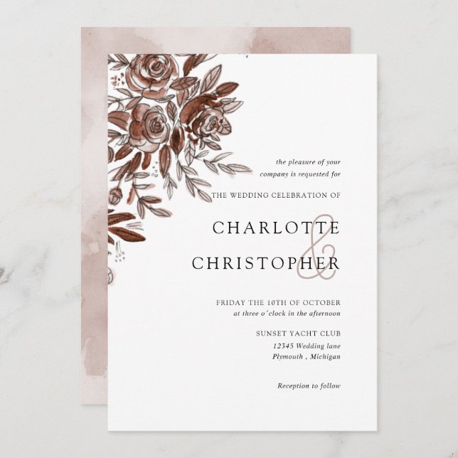 Blush pink watercolor roses wedding invitation (Front/Back)