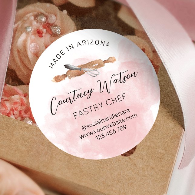 Blush Pink Watercolor Script Bakery Pastry Chef Classic Round Sticker (Pink watercolor and bakery art pastry chef stickers)