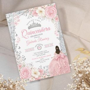 Blush Pink  Watercolor Silver Quinceañera  Invitation