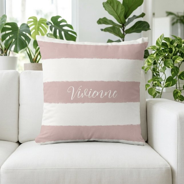 Blush Pink Watercolor Stripes Monogram Name Cushion (Blush Pink Watercolor Stripes Monogram Name Throw Pillow)