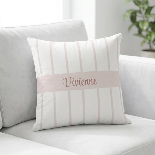 Blush Pink Watercolor Stripes Monogram Name Cushion (Blush Pink Watercolor Stripes Monogram Name Throw Pillow)