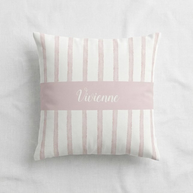 Blush Pink Watercolor Stripes Monogram Name Cushion (Blush Pink Watercolor Stripes Monogram Name Throw Pillow)