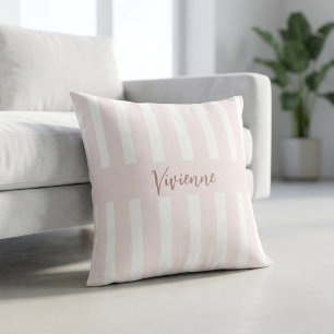 Blush Pink Watercolor Stripes Monogram Name Cushion