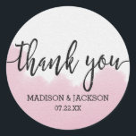 Blush Pink Watercolor Strokes Wedding Thank You Classic Round Sticker<br><div class="desc">Blush Pink Watercolor Brush Strokes Wedding favour stickers With trendy brush script font! ~ Check my shop to see the entire wedding suite for this design!</div>