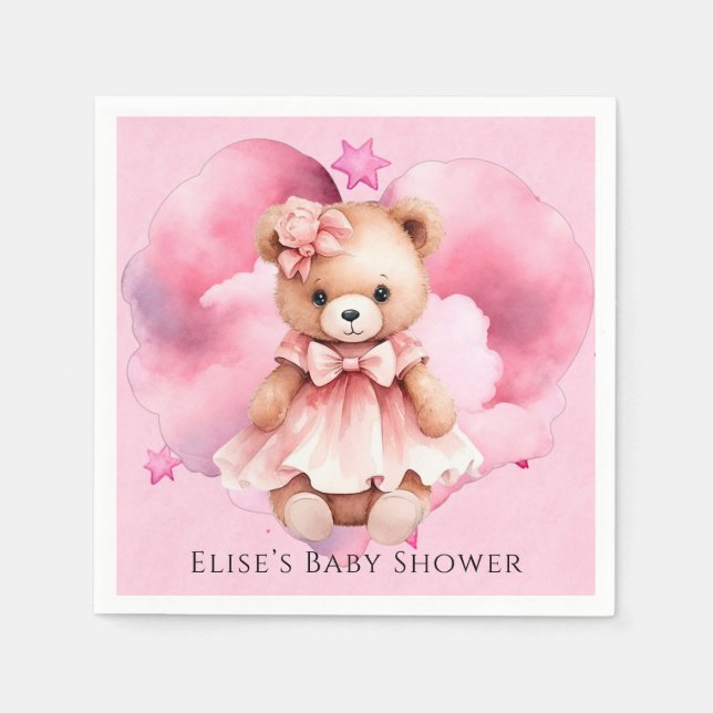 Blush Pink Watercolor Teddy Bear Girl Baby Shower Napkin (Front)
