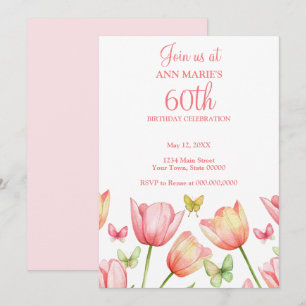 Blush Pink Watercolor Tulips 70th Birthday Party  Invitation