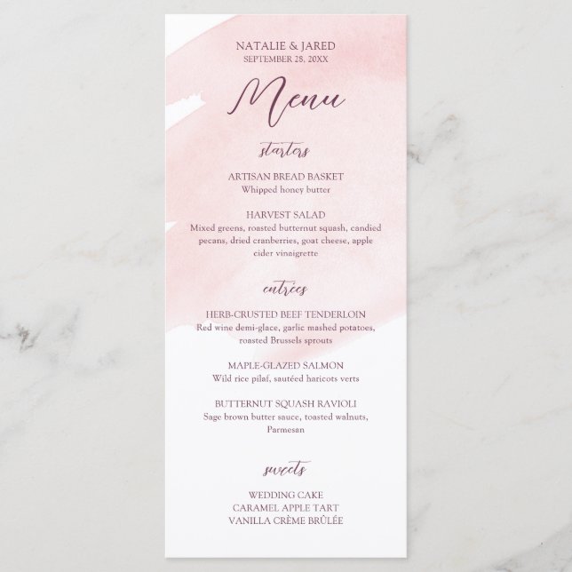 Blush Pink Watercolor Wedding Menu (Front)