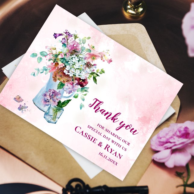 Blush Pink Watercolor Wildflower Wedding Thank You Postcard (Blush Pink Watercolor Wildflower Wedding Thank You Postcard)