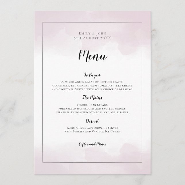 Blush Pink Watercolors Black Script Wedding Menu (Front)