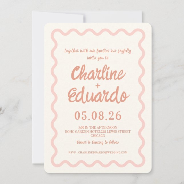 Blush Pink Wavy Border Wedding Invitation (Front)