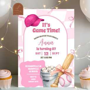 Blush Pink Wavy Retro Bow Baseball Birthday Invitation