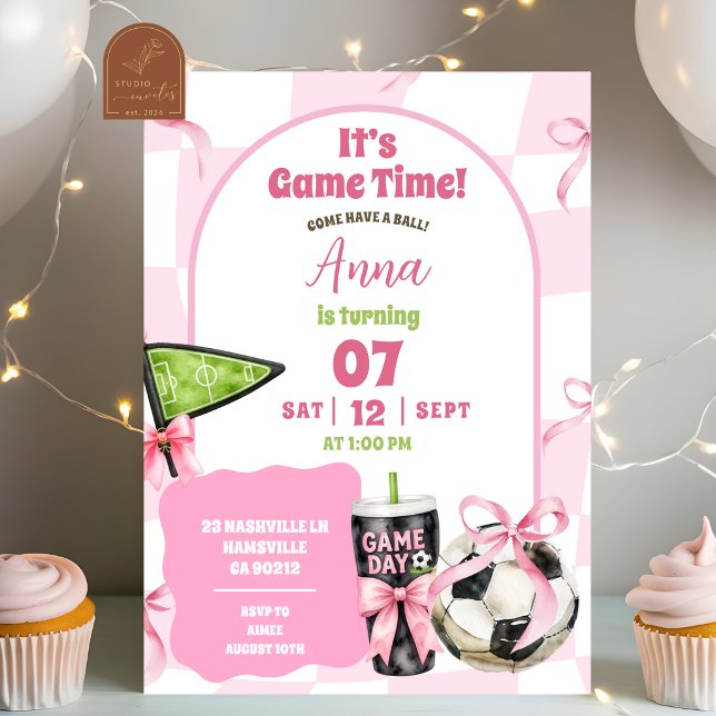 Blush Pink Wavy Retro Bow Soccer Birthday Invitation (Creator Uploaded)