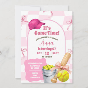 Blush Pink Wavy Retro Bow Softball Birthday Invitation