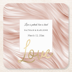 Blush Pink Wavy Streaks Love Wedding Square Paper Coaster