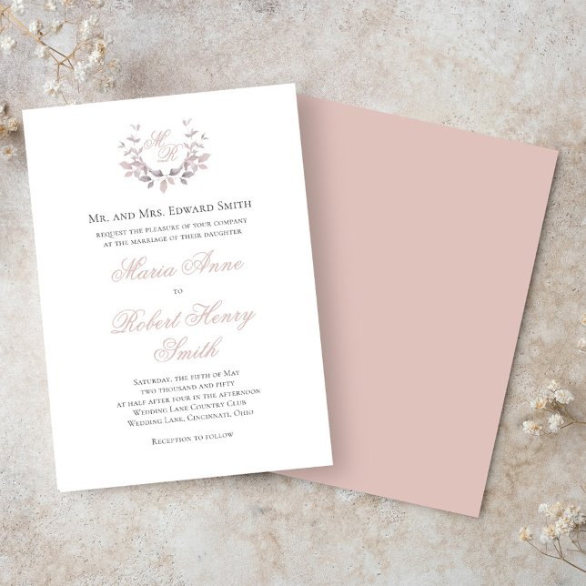 Blush Pink Wedding Calligraphy Script Monogram Invitation (Elegant calligraphy script blush pink wedding invitations. )