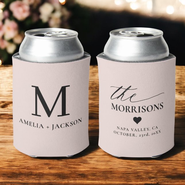 Blush Pink Wedding Favour Monogram Name Heart Can Cooler (Creator Uploaded)