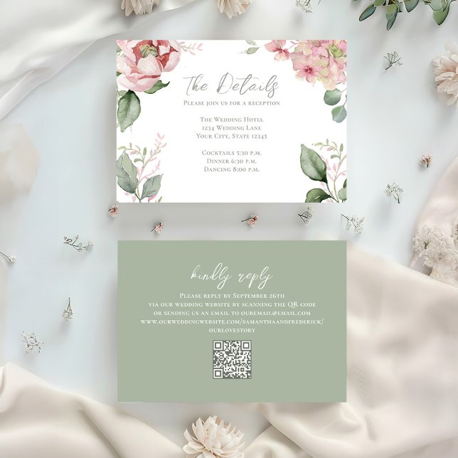 Blush Pink Wedding Floral Details Enclosure Card (Elegant blush pink floral details card with scannable QR code. )