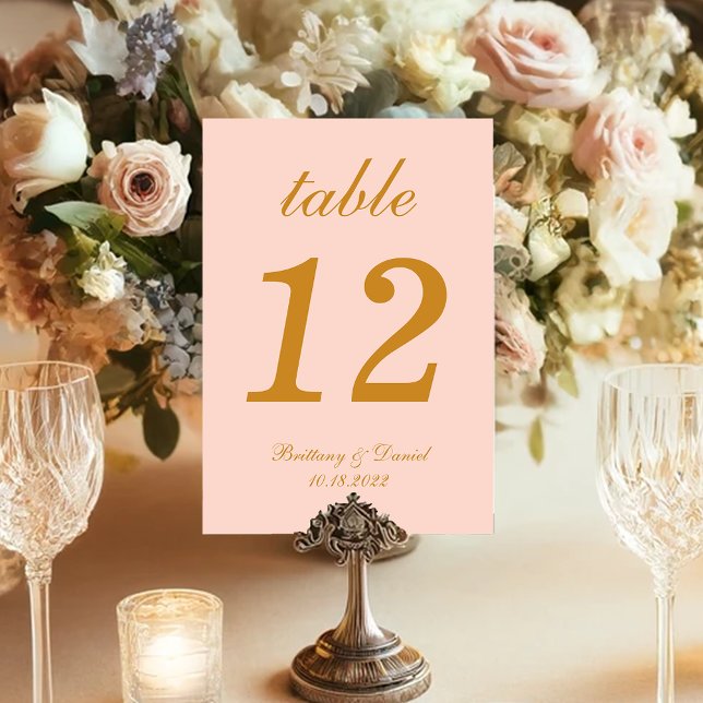 Blush Pink Wedding Gold Script Calligraphy Simple Table Number (Creator Uploaded)