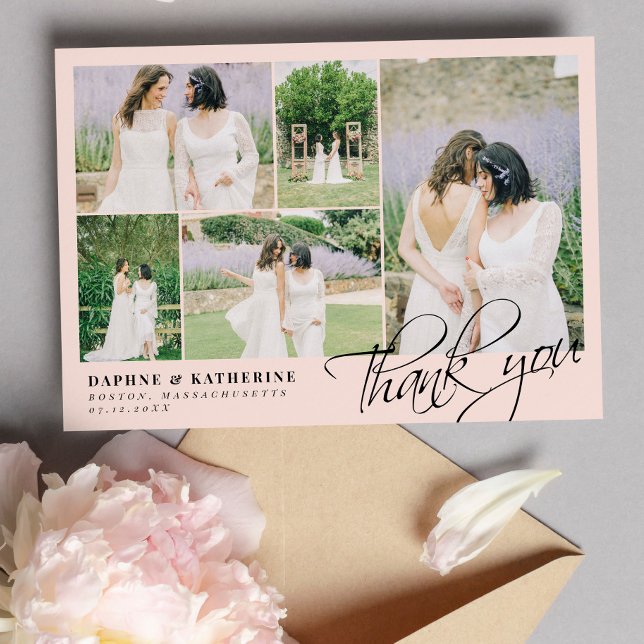 Blush Pink Wedding Photo Collage Script Thank You Card (Creator Uploaded)