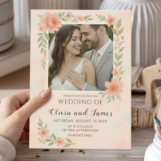 Blush Pink Wedding with Floral Frame & Photo Invitation