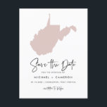 Blush Pink West Virginia Map Script Save the Date Announcement Postcard<br><div class="desc">Announce your wedding date to family and friends with this West Virginia state theme save the date announcement postcard. It features an illustration of the state of West Virginia, simple typography and handwritten script. Personalise by adding names, date, venue and other details. This state of West Virginia save the date...</div>