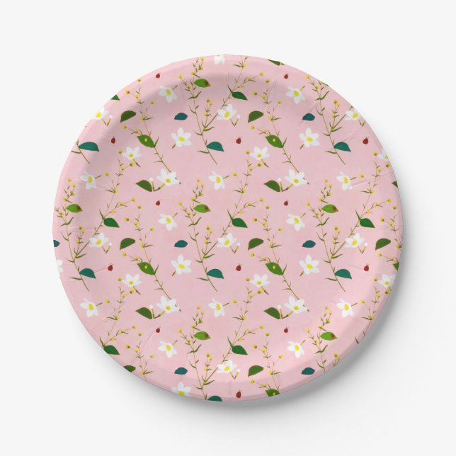 Blush Pink Whimsical Spring Flowers Blossom Paper Plate (Front)