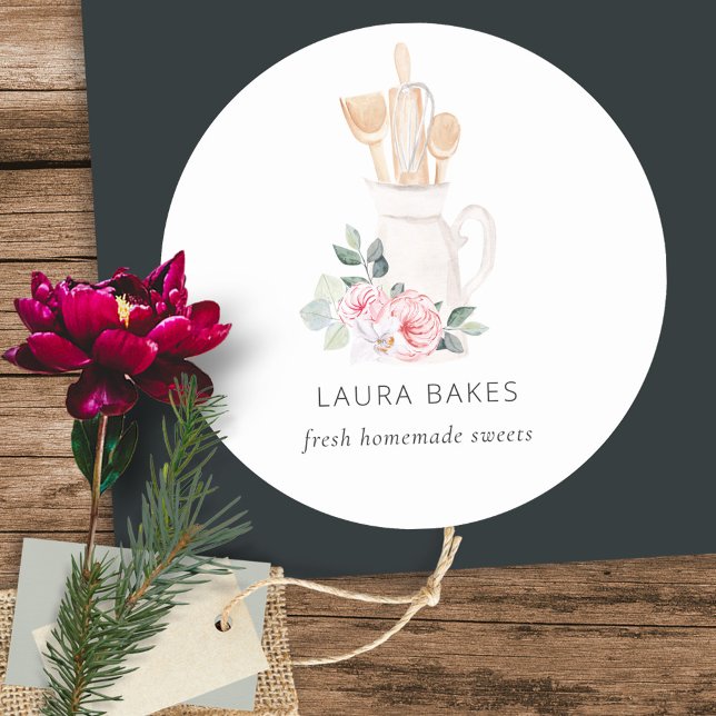 Blush Pink Whisk Spatula Floral Baking Utensils Classic Round Sticker (Creator Uploaded)