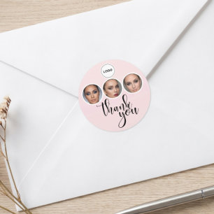 Blush Pink White 3 Photo MUA Logo Thank You Classic Round Sticker