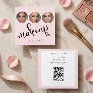 Blush Pink White 3 Photo MUA QR Code Socials Square Business Card