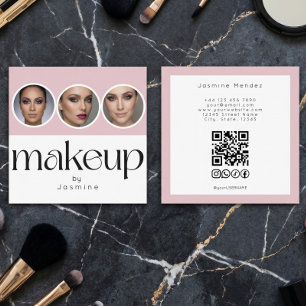 Blush Pink White 3 Photo MUA QR Code Socials Square Business Card