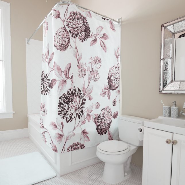 Blush Pink & White Botanical Floral Toile No.2 Shower Curtain (In Situ)