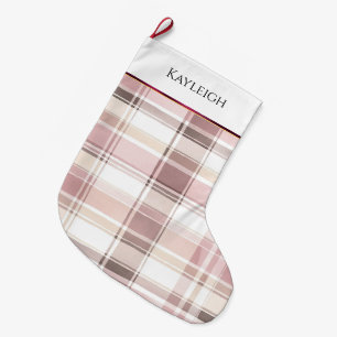 Blush pink white burgundy plaid stripes Christmas Large Christmas Stocking