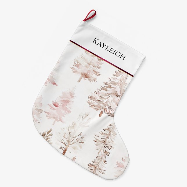 Blush pink white burgundy stripe Christmas trees Large Christmas Stocking (Front (Hanging))