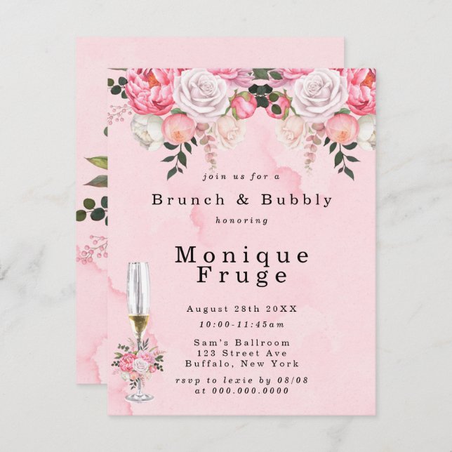 Blush Pink White Coloured Peonies Brunch & Bubbly Invitation (Front/Back)