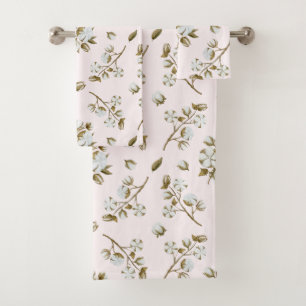Blush Pink White Cotton Boll Stem Watercolour Bath Towel Set