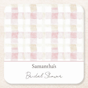 Blush Pink White Cream Plaid Stripes Bridal Shower Square Paper Coaster