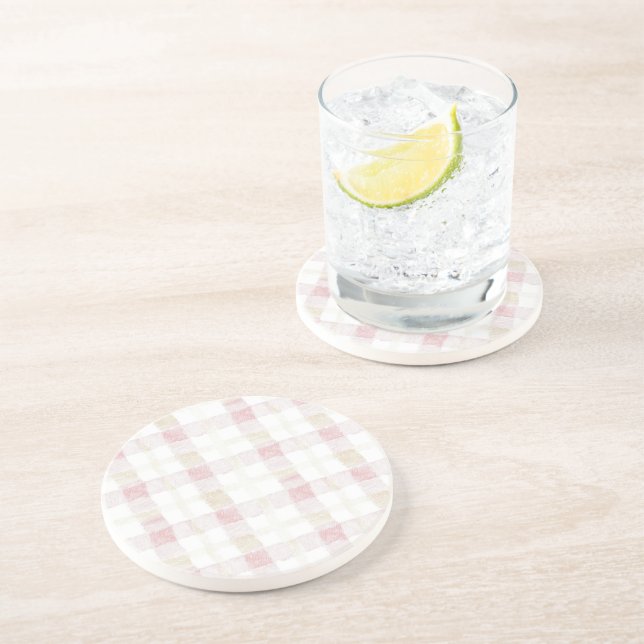 Blush Pink White Cream Plaid Stripes Coaster (Side)
