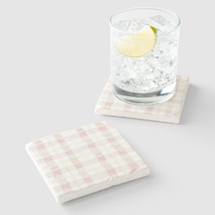 Blush Pink White Cream Plaid Stripes Stone Coaster