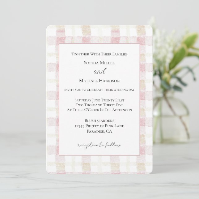 Blush Pink White Cream Plaid Stripes Wedding Invitation (Standing Front)