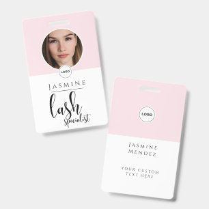 Blush Pink White Elegant Photo Lash Specialist ID Badge