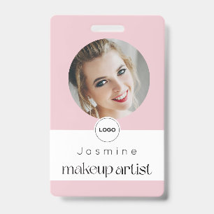 Blush Pink White Elegant Photo Makeup Artist ID Badge