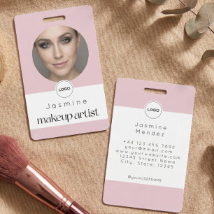 Blush Pink White Elegant Photo Makeup Artist ID Badge