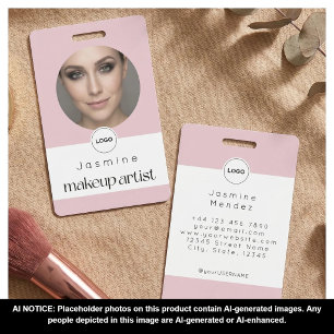 Blush Pink White Elegant Photo Makeup Artist ID Badge