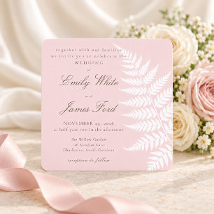 Blush Pink White Fern Elegant Square Wedding Invitation