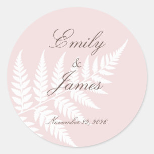 Blush Pink White Fern Elegant Wedding Classic Round Sticker