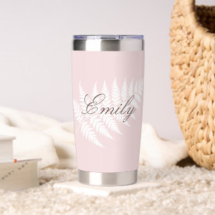 Blush Pink White Fern Personalised Name Silver Insulated Tumbler